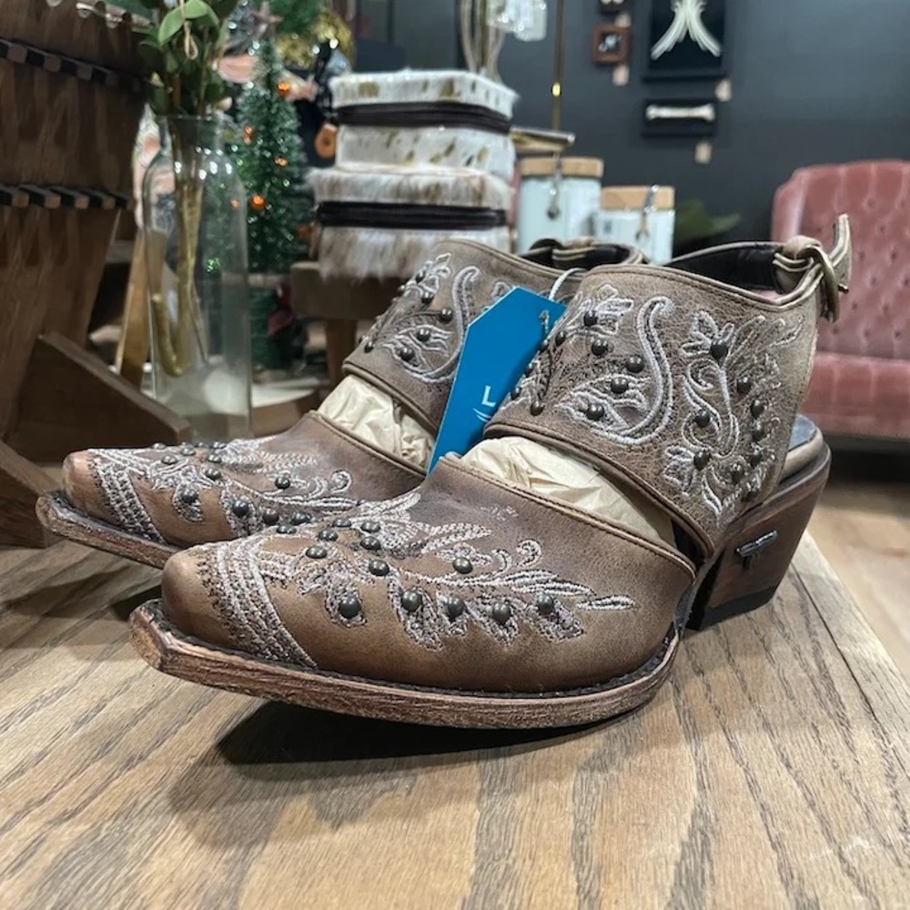 Santorini Buckle Mule Lane Brown Embroidered Western Ankle Boots